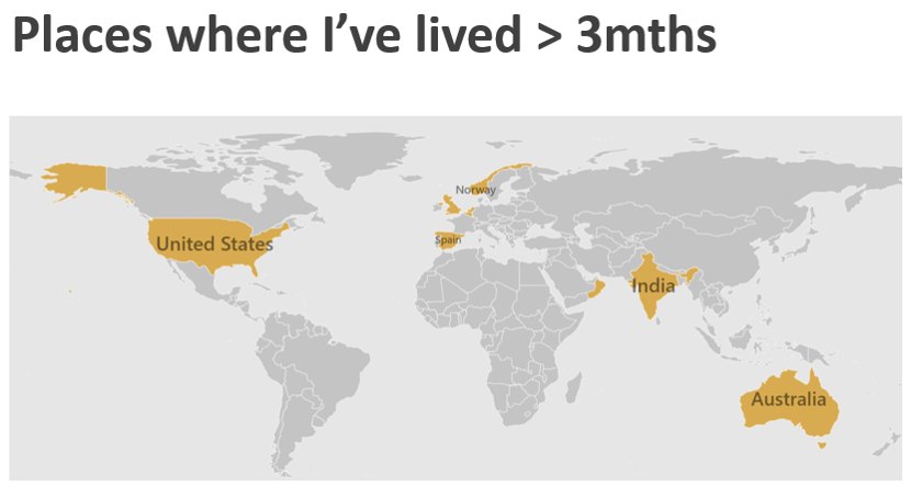 World map showing the countries Kanika has lived in for more than three months, including the United States, Norway, Spain, India and Australia.