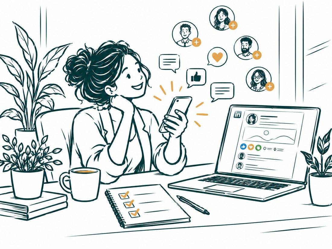 A business owner smiling at her phone as likes, comments and messages from new contacts come in on her LinkedIn post.