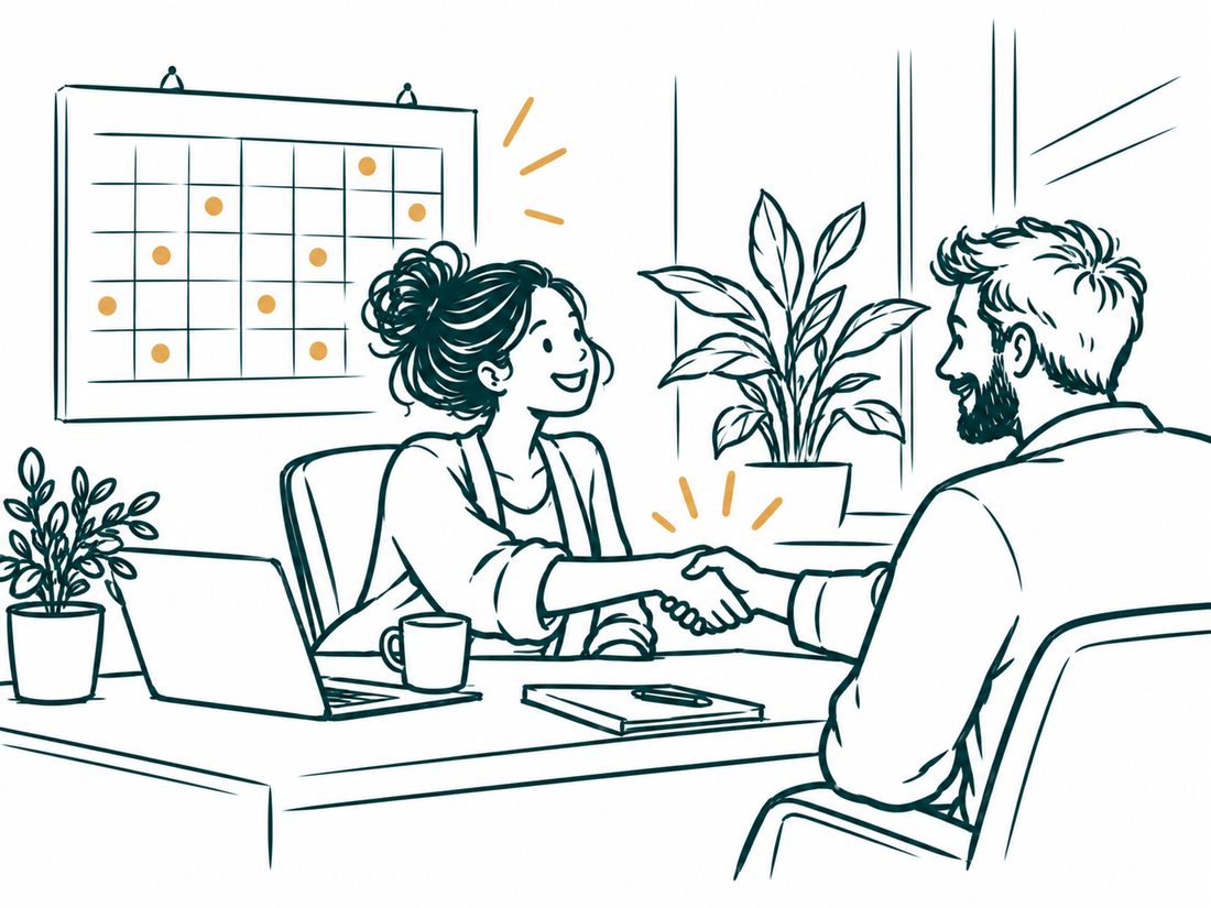 A business owner with a client while her calendar fills with booked calls in the background.