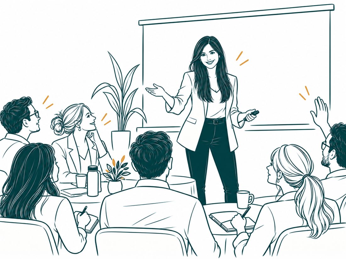 Kanika Vasudeva giving a keynote to an engaged room, with people taking notes and nodding along.