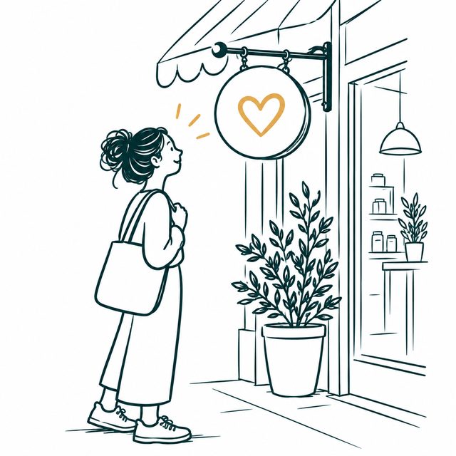 A woman smiles up at a shop sign with a heart on it, as if it is speaking straight to her.