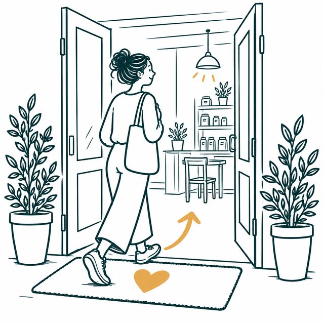 A woman steps through open doors over a welcome mat, with an arrow showing her the way in.