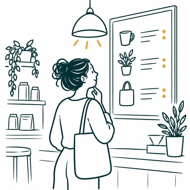 Inside the shop, a woman studies a simple menu board showing three clear offers.