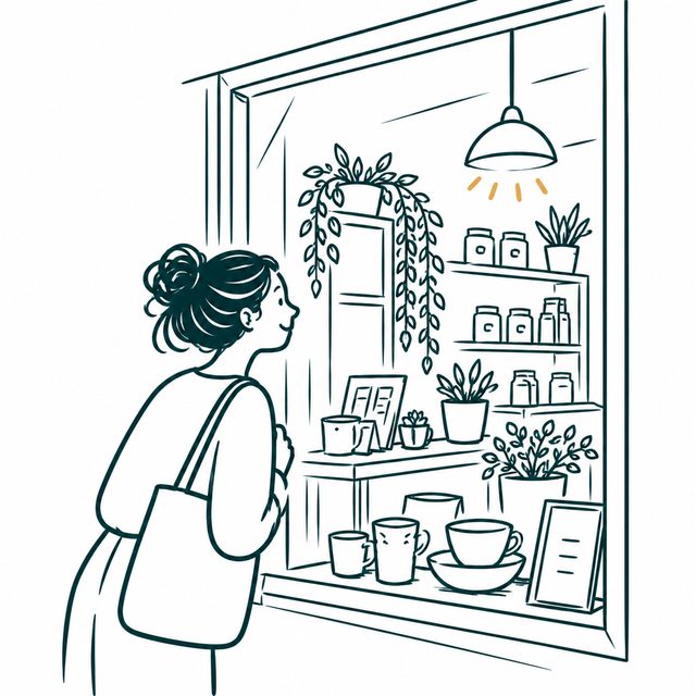 A woman looks through a shop window and can see straight away what the shop sells.