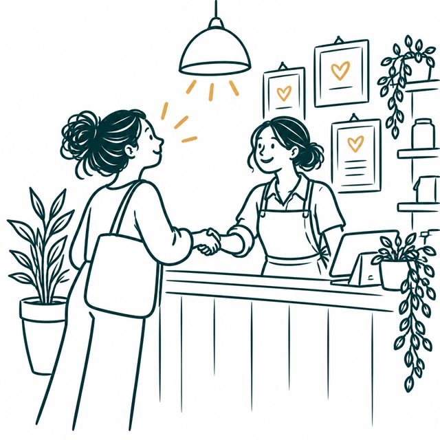 A customer shakes hands with the shop owner at the counter, with framed thank-you notes on the wall.