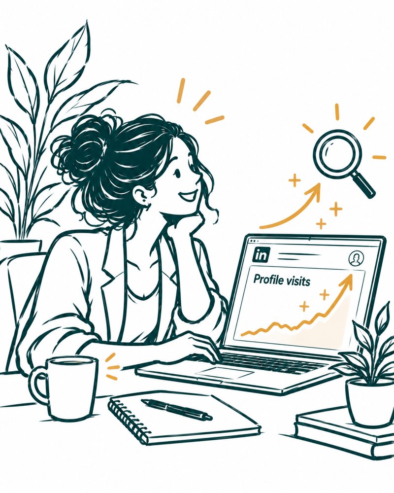 Drawing of a smiling woman at her laptop, with a LinkedIn profile visits chart climbing upwards and a magnifying glass beside it.