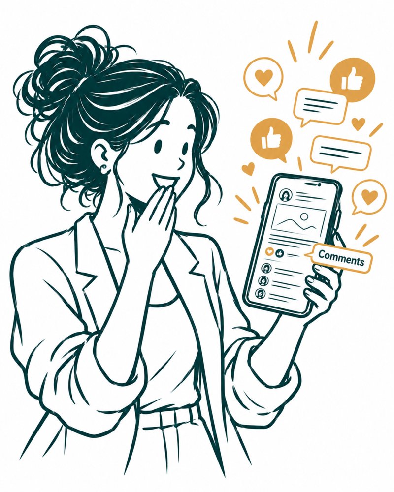 Drawing of a delighted woman holding her phone as likes, hearts and comments float up from her LinkedIn post.