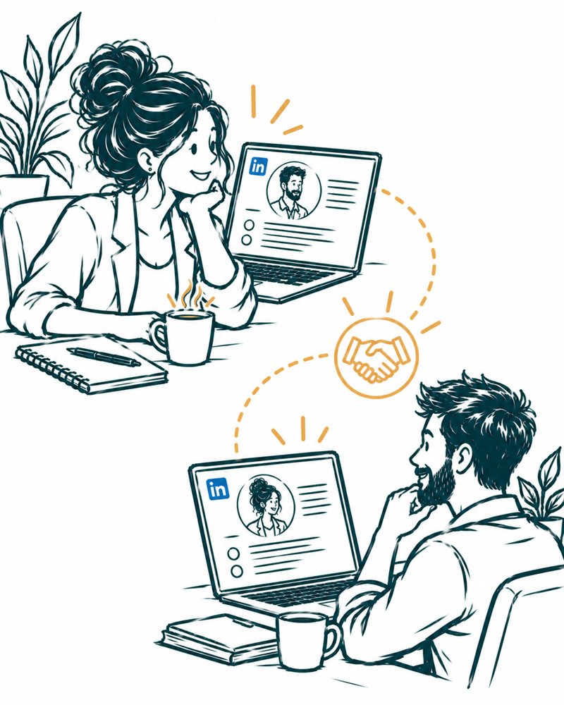 Drawing of a woman and a man each looking at the other's LinkedIn profile, joined by a dotted line and a handshake icon.
