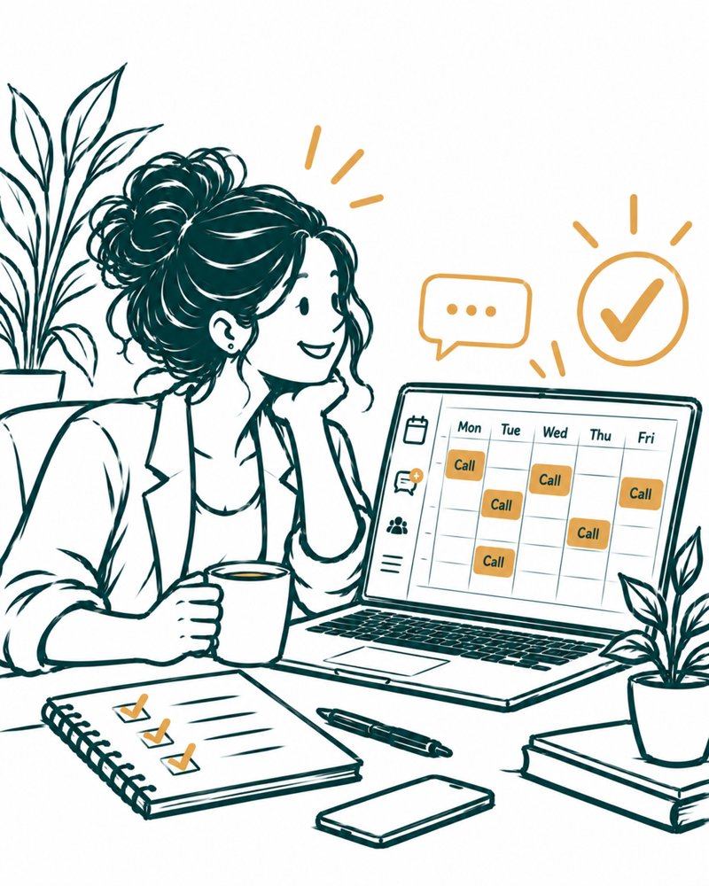 Drawing of a relaxed woman with a coffee, looking at a weekly calendar full of booked calls.