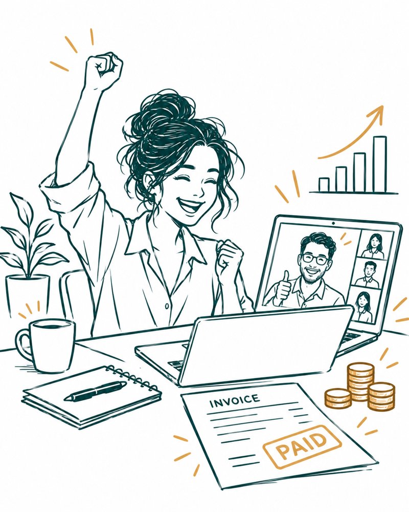 Drawing of a woman celebrating on a video call, with a paid invoice, gold coins and a rising sales chart on her desk.