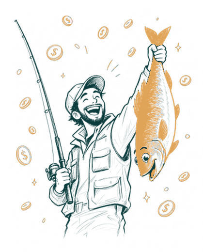 Illustration of a delighted angler holding up a large fish surrounded by gold coins, representing signed clients and revenue.