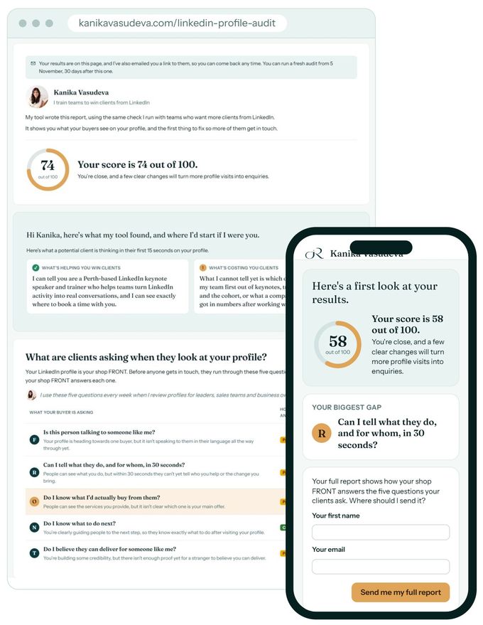 Kanika Vasudeva's free LinkedIn profile audit report on a laptop and a phone, showing a score out of 100, the five FRONT questions and your biggest gap