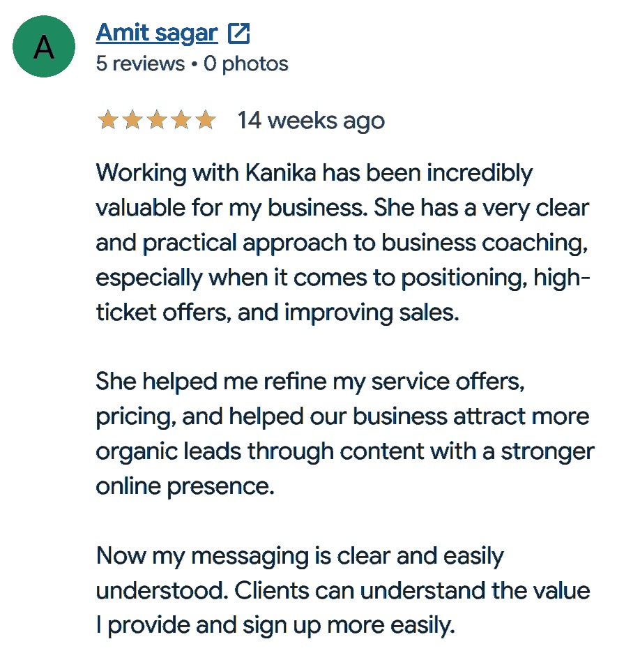 Five-star Google review from Amit Sagar about positioning, high-ticket offers and attracting more organic leads through content.