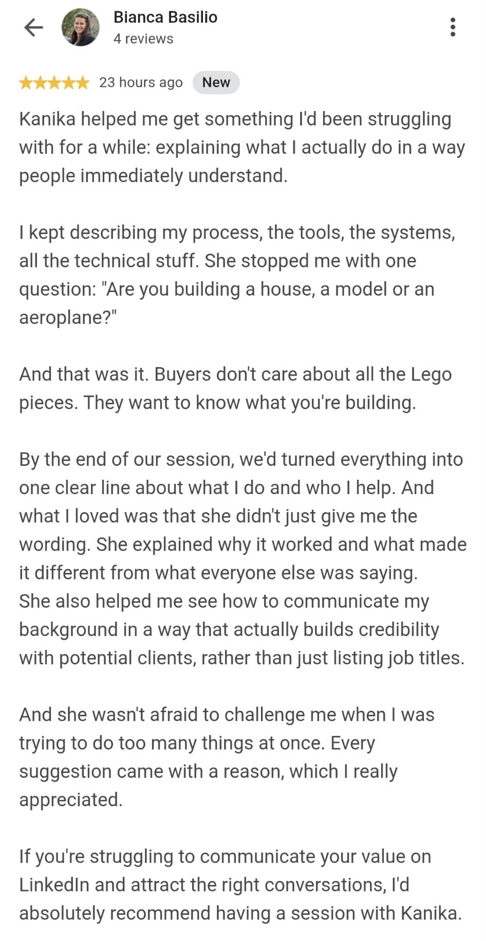 Five-star Google review from Bianca Basilio about how Kanika helped her explain what she does in one clear line that people immediately understand, and communicate her background in a way that builds credibility.