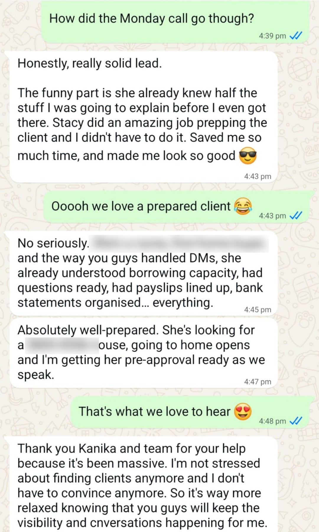WhatsApp messages from a mortgage broker client saying he is no longer stressed about finding clients and does not have to convince anymore.