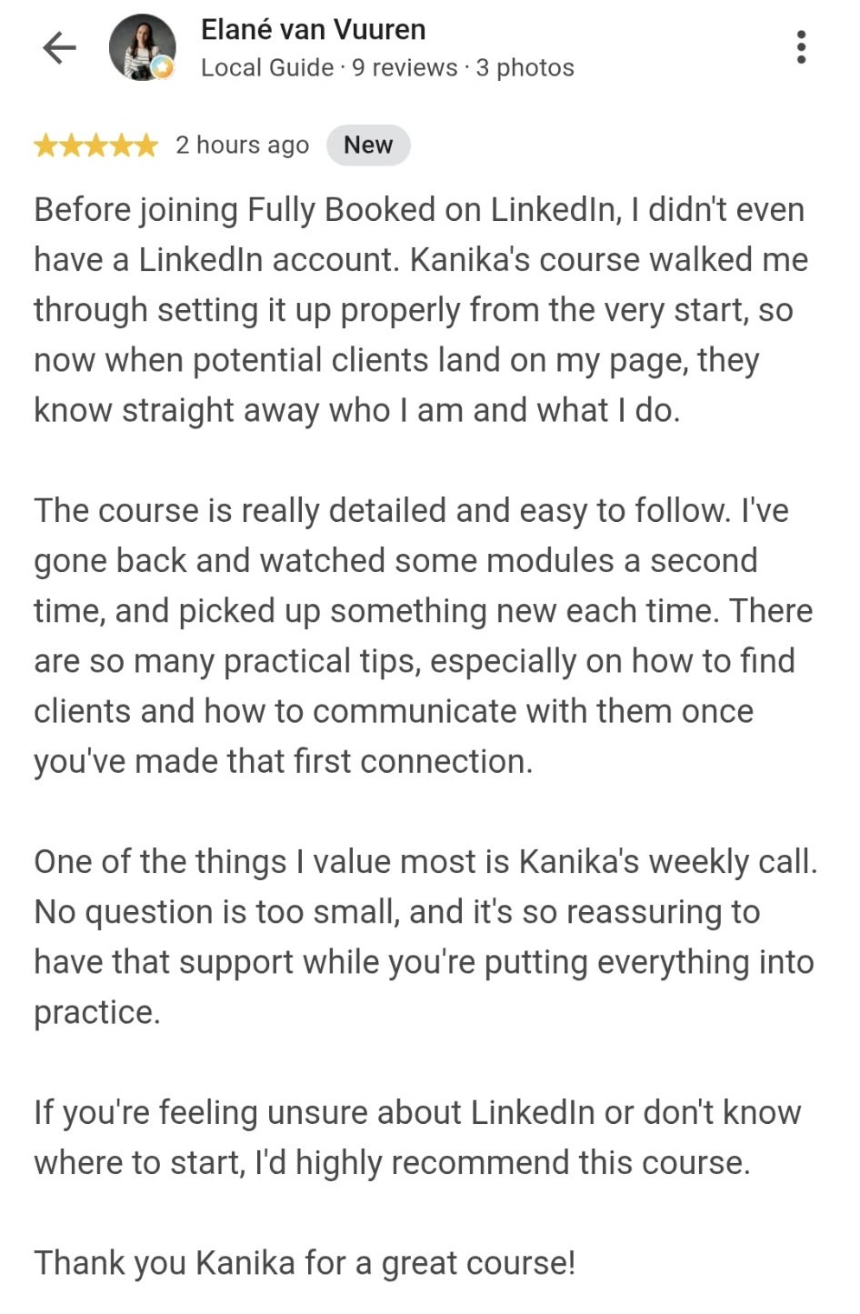 Five-star Google review from Elané van Vuuren about Fully Booked on LinkedIn, saying the course walked her through setting up LinkedIn from scratch, with practical tips on finding clients and a weekly call where no question is too small.