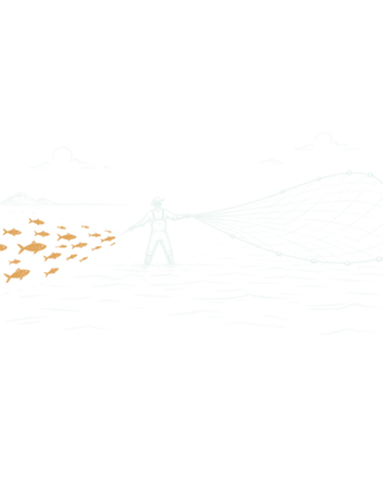 Illustration: an angler standing in shallow water casting a wide net toward a shoal of fish.