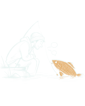 Illustration: an angler crouched at the water's edge having a conversation with a fish.