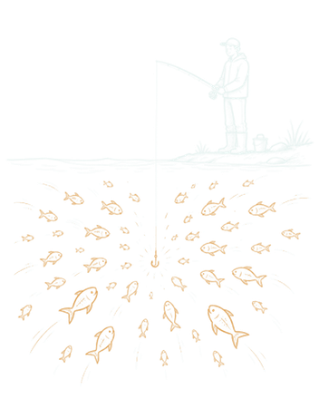 Illustration: an angler on the bank with a whole school of fish swimming toward the bait.