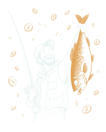 Illustration: a delighted angler holding up a large fish, surrounded by coins.