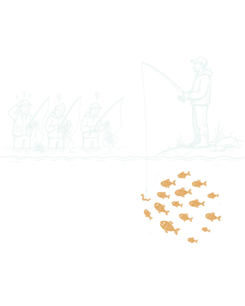 Illustration: three anglers struggling with tangled lines on one side of the water while one angler fishes calmly where the fish actually are.